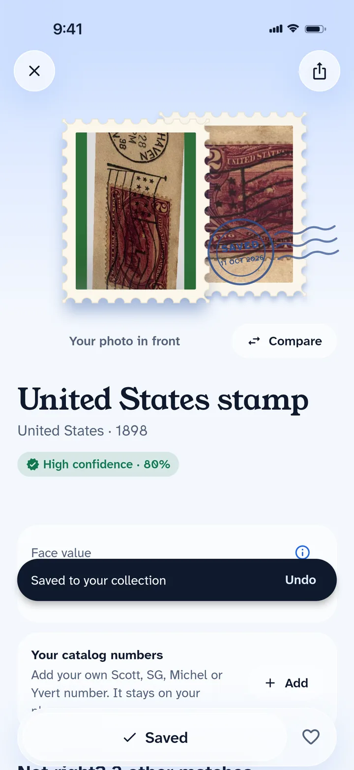 Result screen for a United States 1898 stamp with a SAVED postmark and a high confidence badge